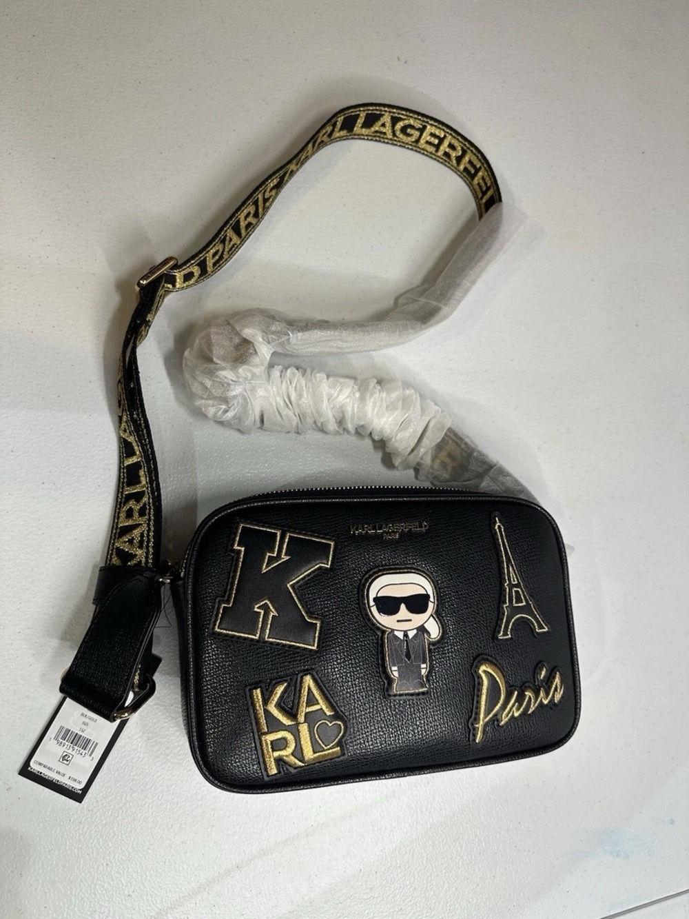 Karl Lagerfeld Black Leather Patch Logo Crossbody with Gold Accents